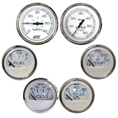 Faria Chesapeake White wStainless Steel Bezel Boxed Set of 6 Speed Tach Fuel Level Voltmeter Water Temperature Oil PSI