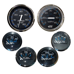Faria Chesapeake Black wStainless Steel Bezel Boxed Set of 6  Speed Tach Fuel Level Voltmeter Water Temperature  Oil PSI
