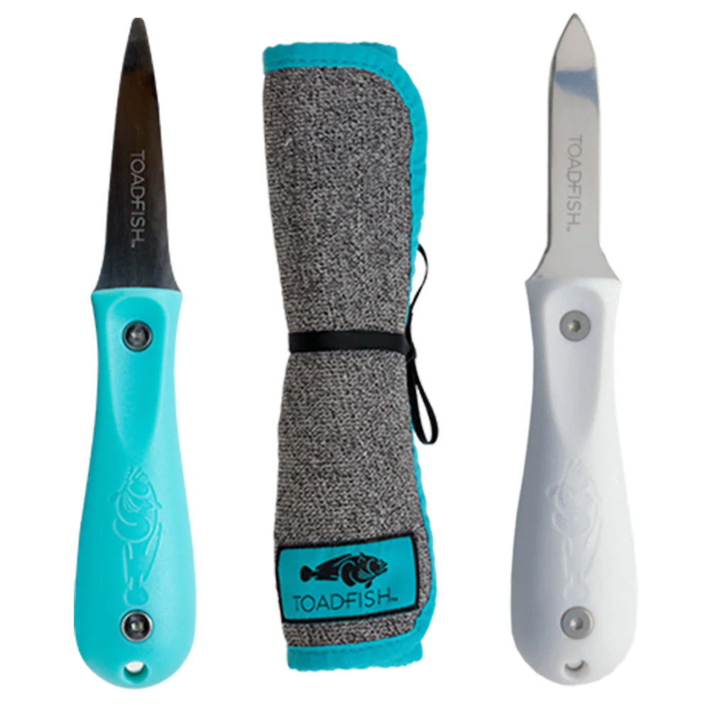 Toadfish Shuckers Bundle  Put Em Back Oyster Knife Professional Oyster Knife  CutProof Shucking Cloth 1014